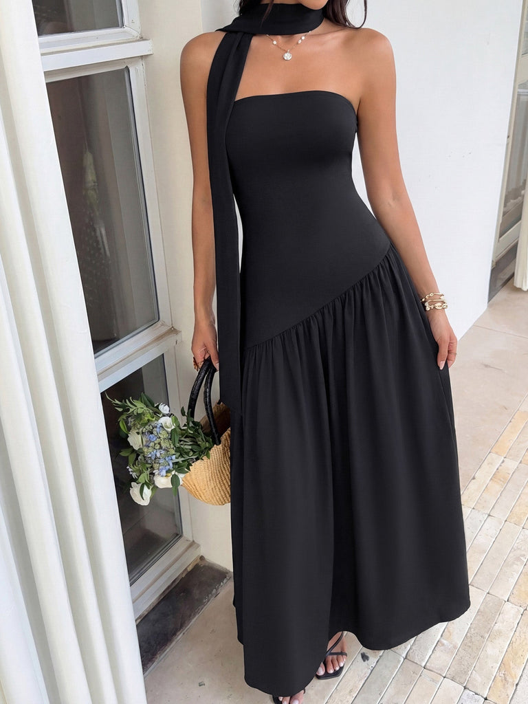 Schwarzes 30er trägerloses Maxikleid mit Schal-Kragen
