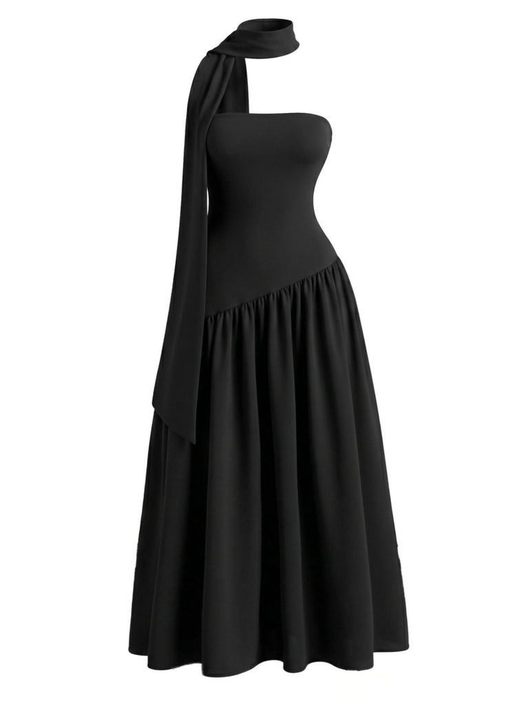 Schwarzes 30er trägerloses Maxikleid mit Schal-Kragen
