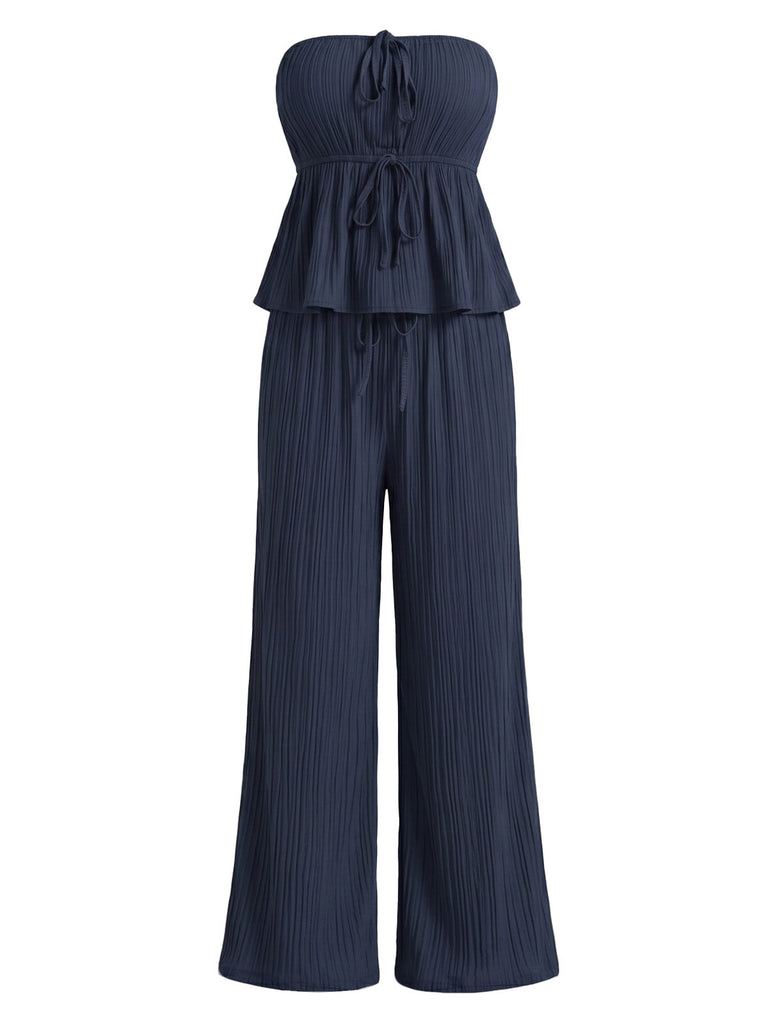 Blaues 50er Top & Hose Set mit Struktur und Rüschen