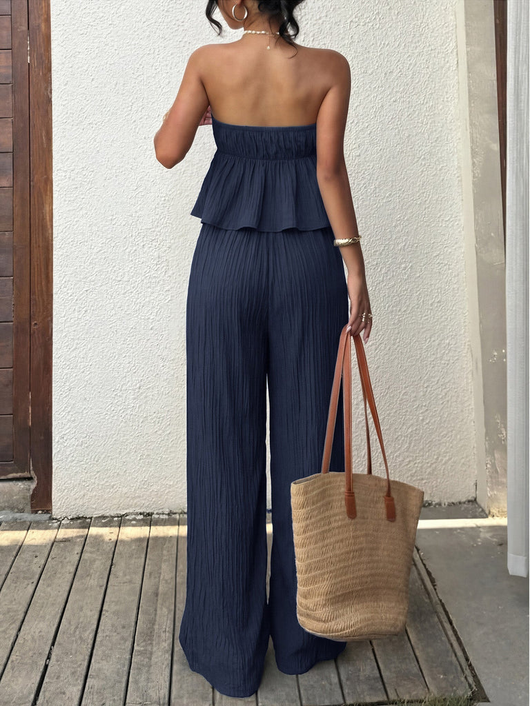 Blaues 50er Top & Hose Set mit Struktur und Rüschen