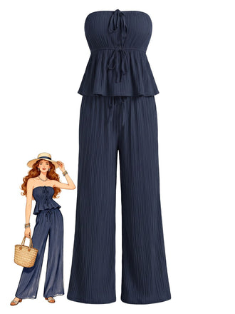 Blaues 50er Top & Hose Set mit Struktur und Rüschen