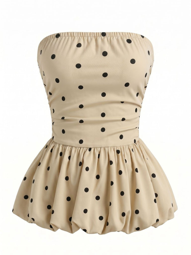 Beiges 50er trägerloses Top mit Polka-Dots und ausgestelltem Saum