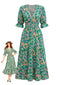Grünes 70er Smock-Maxikleid mit abstraktem Blumen-Print und V-Ausschnitt