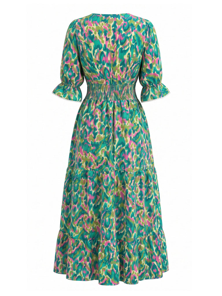 Grünes 70er Maxikleid mit V-Ausschnitt und Blumen