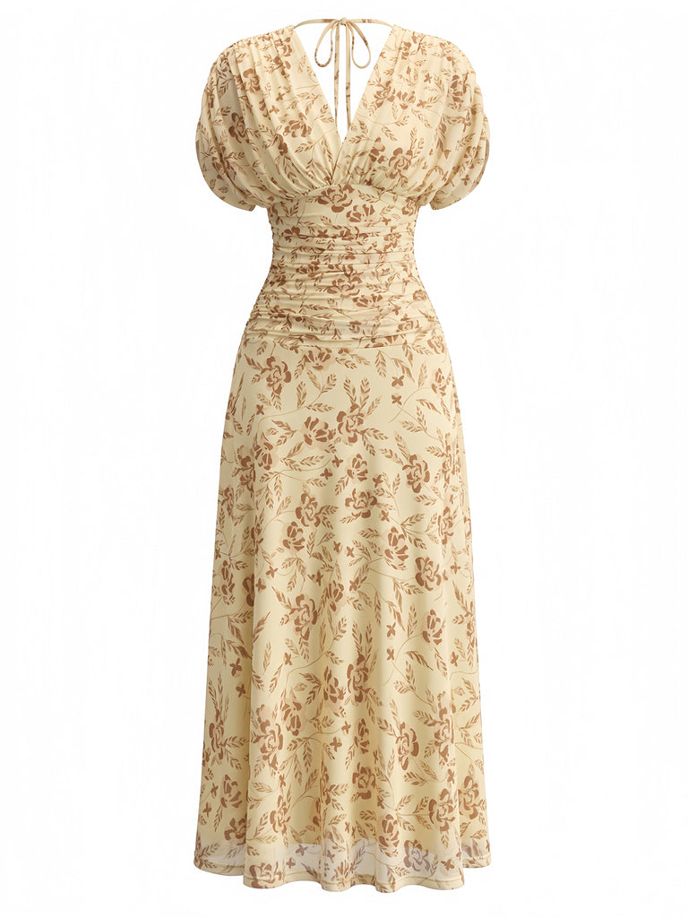 Gelbes 40er Midikleid mit Blumen und Puffärmeln