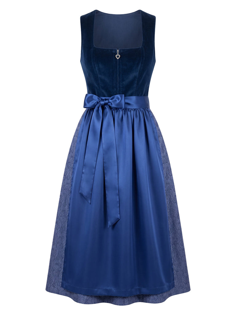 Blaues 50er Oktoberfest-Dirndl-Set mit Samt-Paisley-Kleid und Schürze
