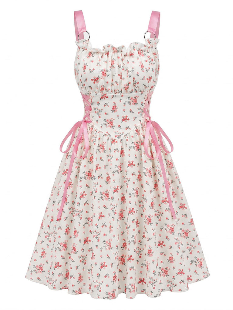 50er Swingkleid mit Blumen-Print und Eckiger Ausschnitt