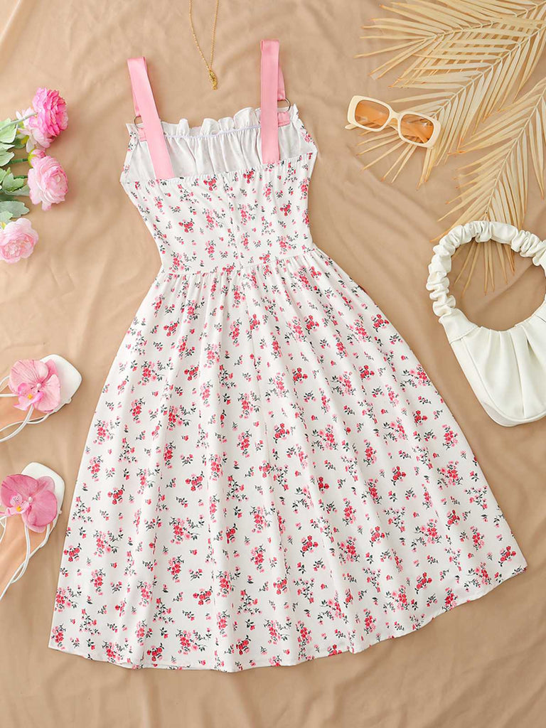 50er Swingkleid mit Blumen-Print und Eckiger Ausschnitt