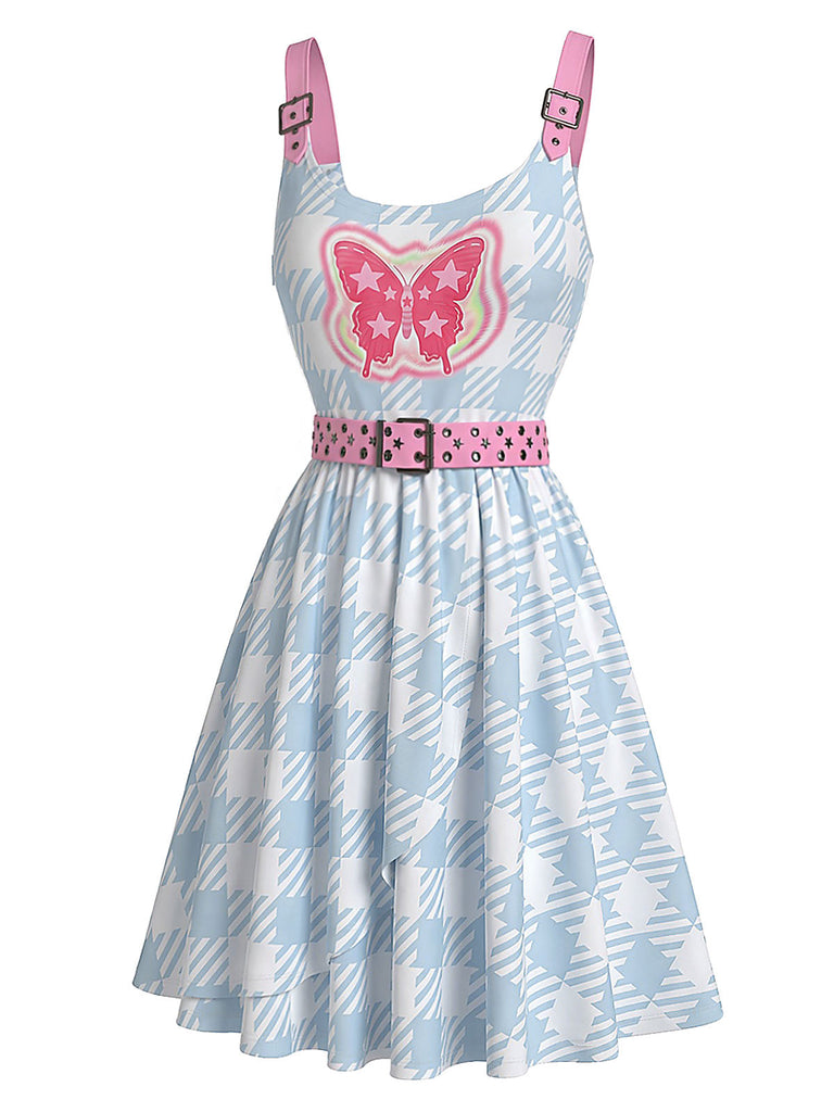 Hellblaues 00er Y2K Kleid mit Schmetterling und Gürtel