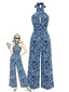 [Vorverkauf] Seeblauer 70er Jumpsuit mit Zebra-Print und Neckholder