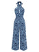 Seeblauer 70er Jumpsuit mit Zebra-Print und Neckholder