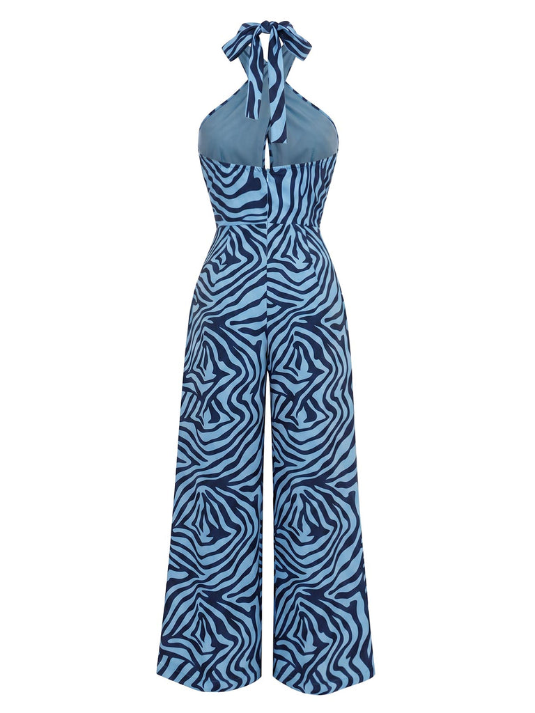 Seeblauer 70er Jumpsuit mit Zebra-Print und Neckholder