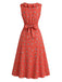 Rotes 40er Ärmelloses Kleid mit Streublumen und V-Ausschnitt