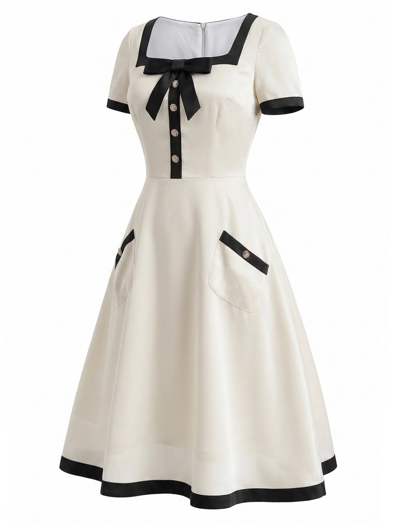 Weißes 40er A-Linien-Kleid mit Schleife