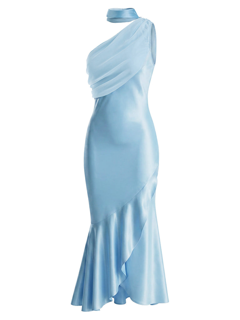 Blaues 30er Satin-Meerjungfrauenkleid mit One-Shoulder und Neckholder