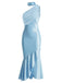 Blaues 30er Satin-Meerjungfrauenkleid mit One-Shoulder und Neckholder