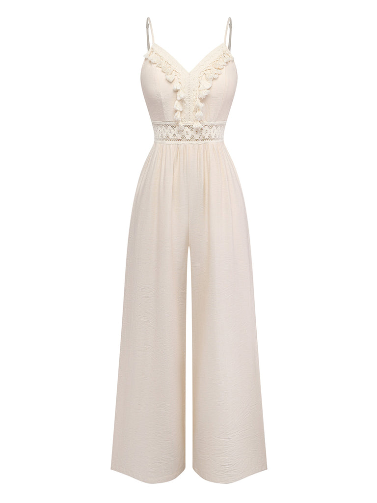 Beiger 70er Jumpsuit mit Häkelspitze und Fransenbesatz