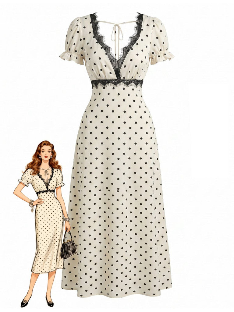 Beige 30er Satin-Kleid mit Polka-Dots und V-Ausschnitt