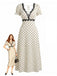 Beige 30er Satin-Kleid mit Polka-Dots und V-Ausschnitt