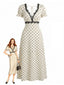 Beige 30er Satin-Kleid mit Polka-Dots und V-Ausschnitt