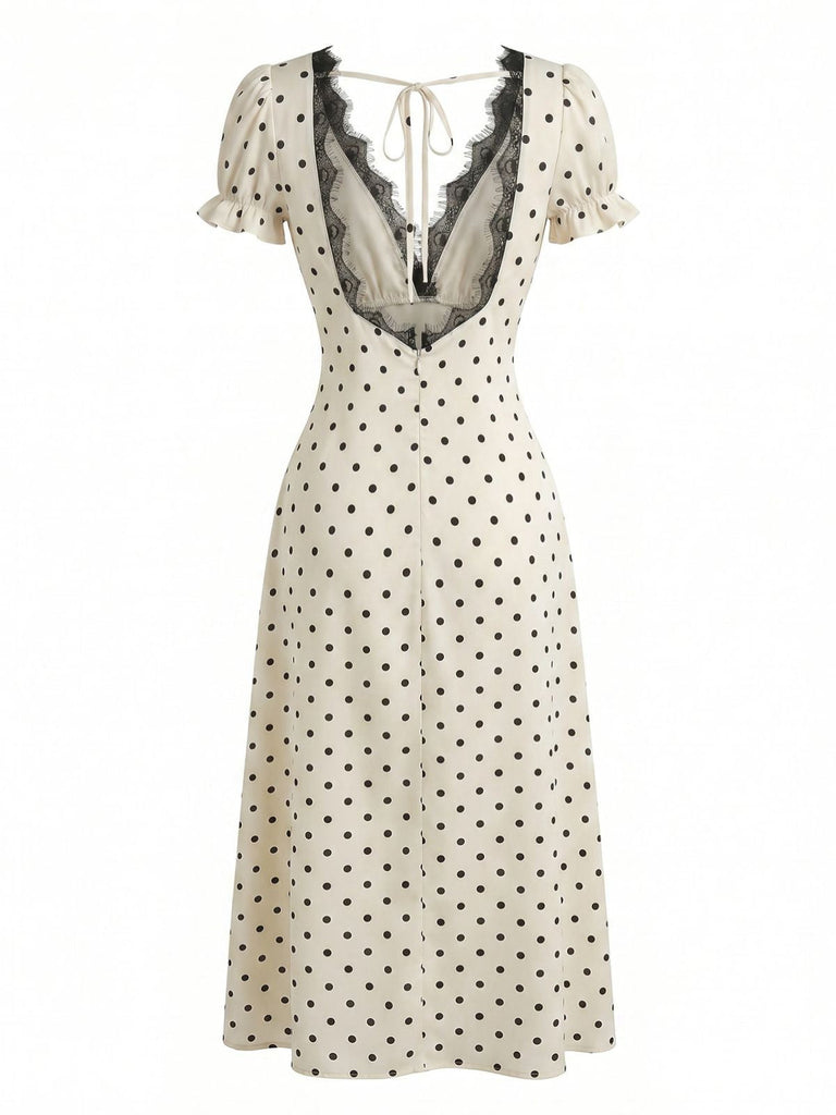 Beige 30er Satin-Kleid mit Polka-Dots und V-Ausschnitt