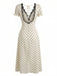 Beige 30er Satin-Kleid mit Polka-Dots und V-Ausschnitt