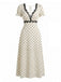 Beige 30er Satin-Kleid mit Polka-Dots und V-Ausschnitt