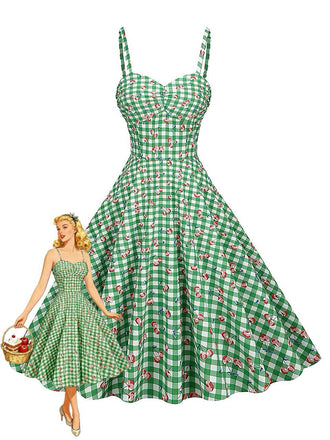 Grünes 50er Baumwoll-Kleid mit Spaghettiträger und Gingham