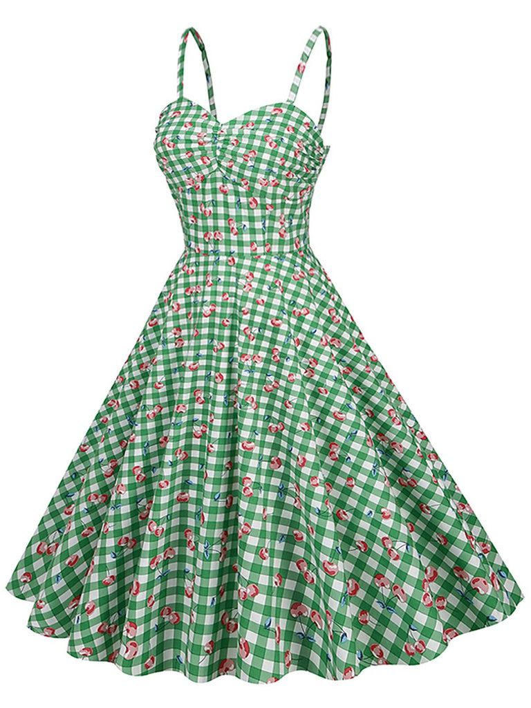 Grünes 50er Baumwoll-Kleid mit Spaghettiträger und Gingham