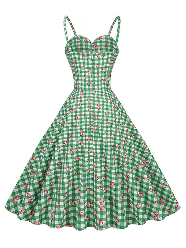 Grünes 50er Baumwoll-Kleid mit Spaghettiträger und Gingham