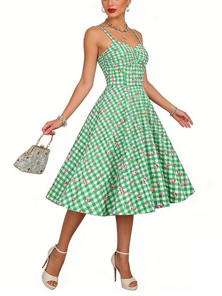 Grünes 50er Baumwoll-Kleid mit Spaghettiträger und Gingham
