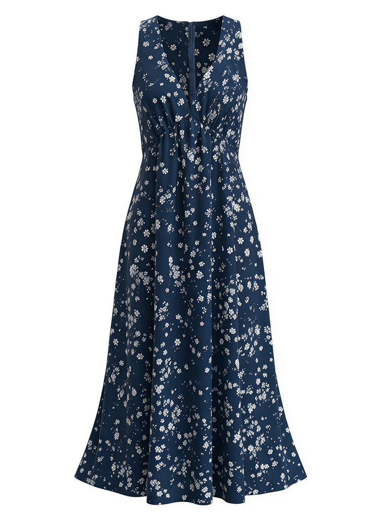 Marineblaues 70er Boho-Midikleid mit Blumen und Neckholder