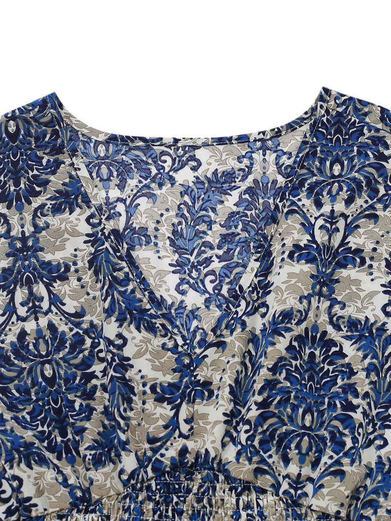 70er Boho Maxikleid mit Ornament-Blumen und V-Ausschnitt