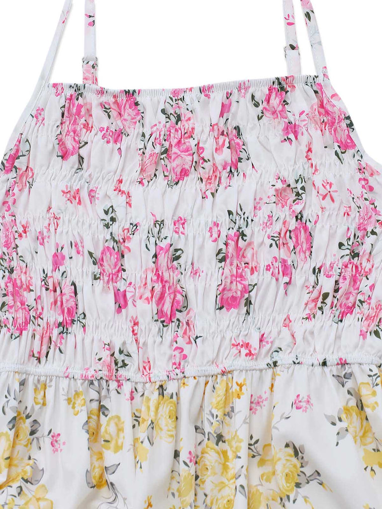 Mehrfarbiges 70er Maxikleid mit Blumen und Smok