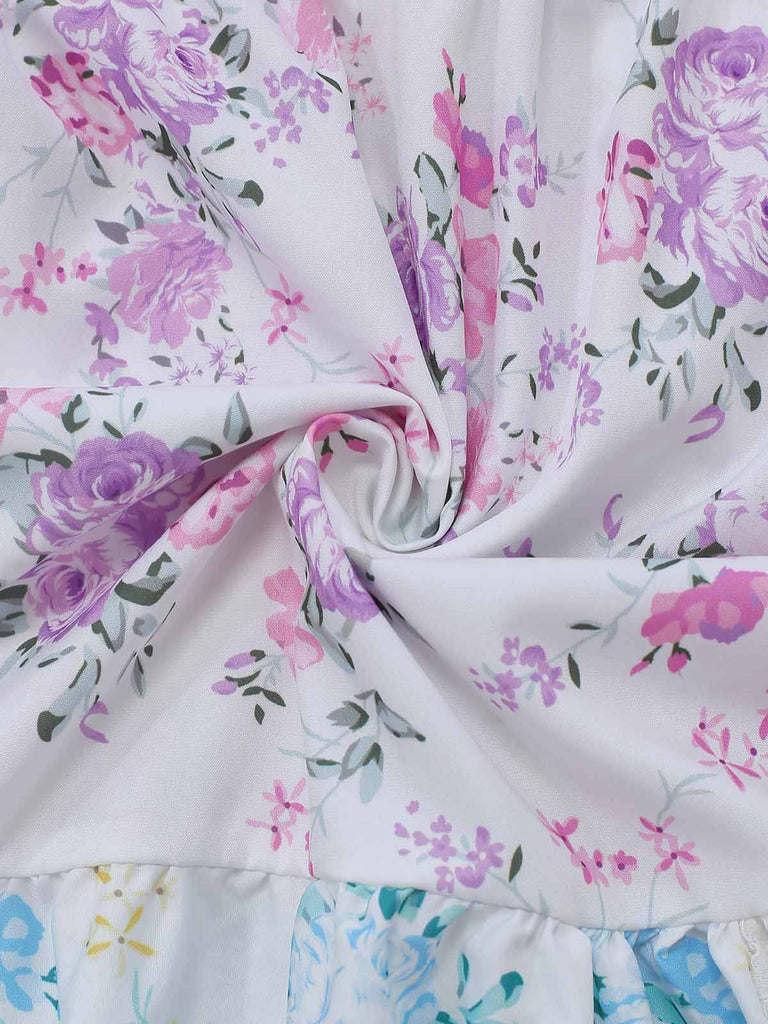 Mehrfarbiges 70er Maxikleid mit Blumen und Smok