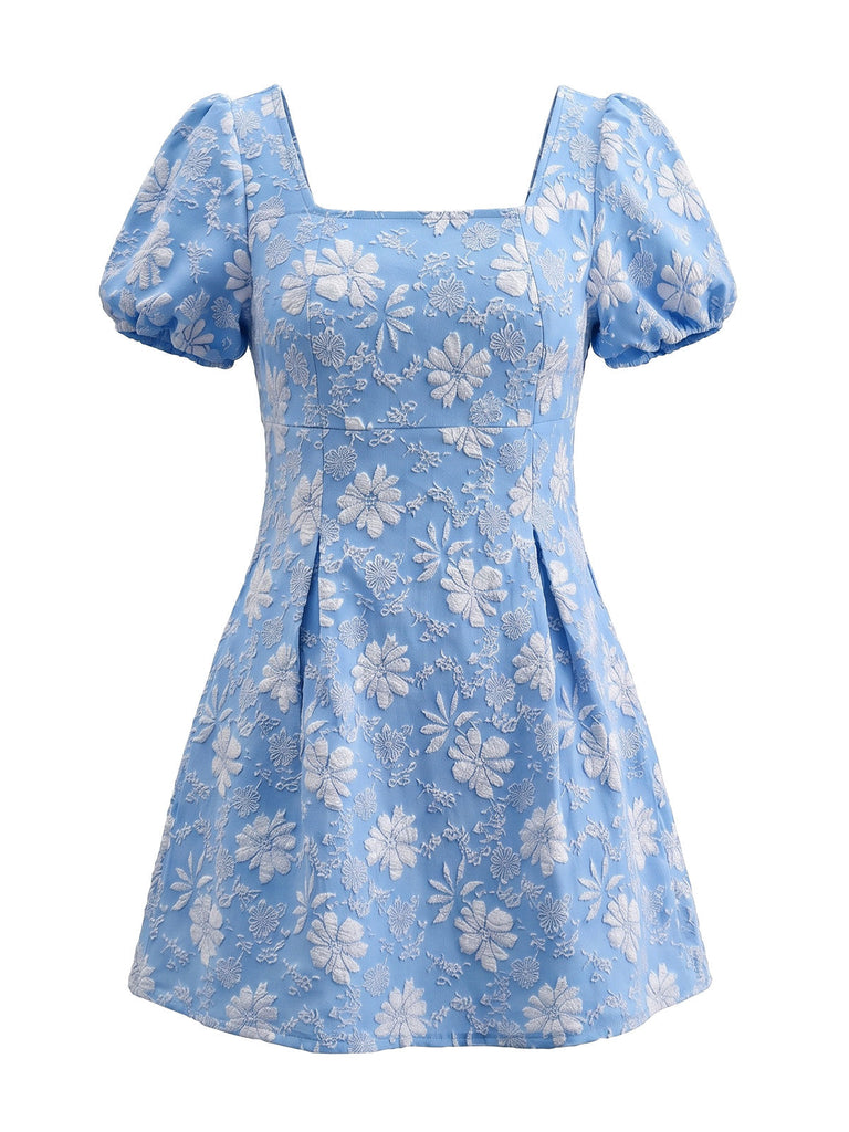 60er Blumen-Jacquardkleid mit Karreeausschnitt und Puffärmeln