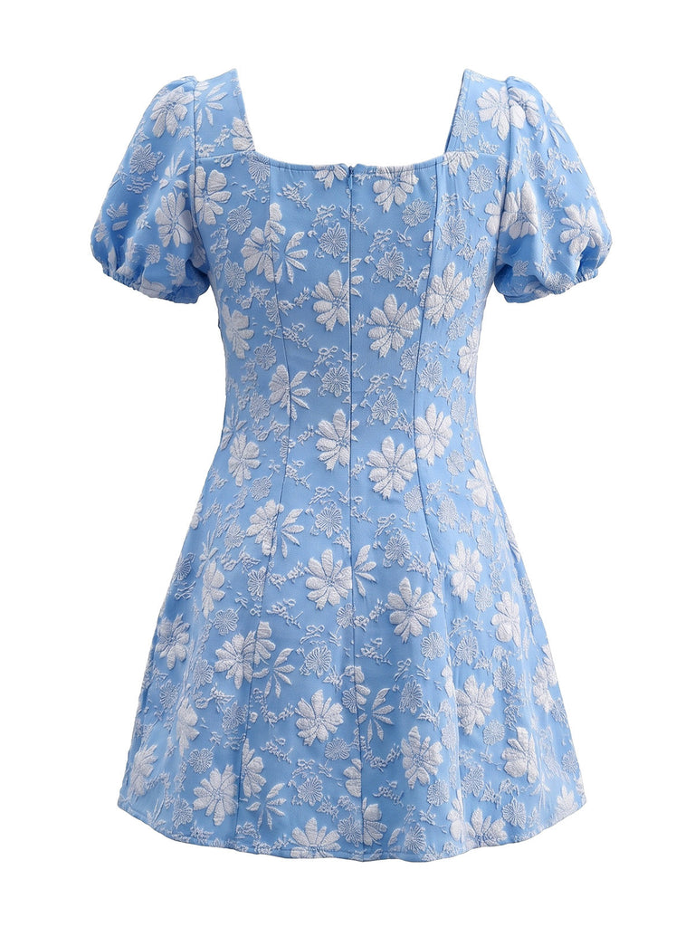 60er Blumen-Jacquardkleid mit Karreeausschnitt und Puffärmeln