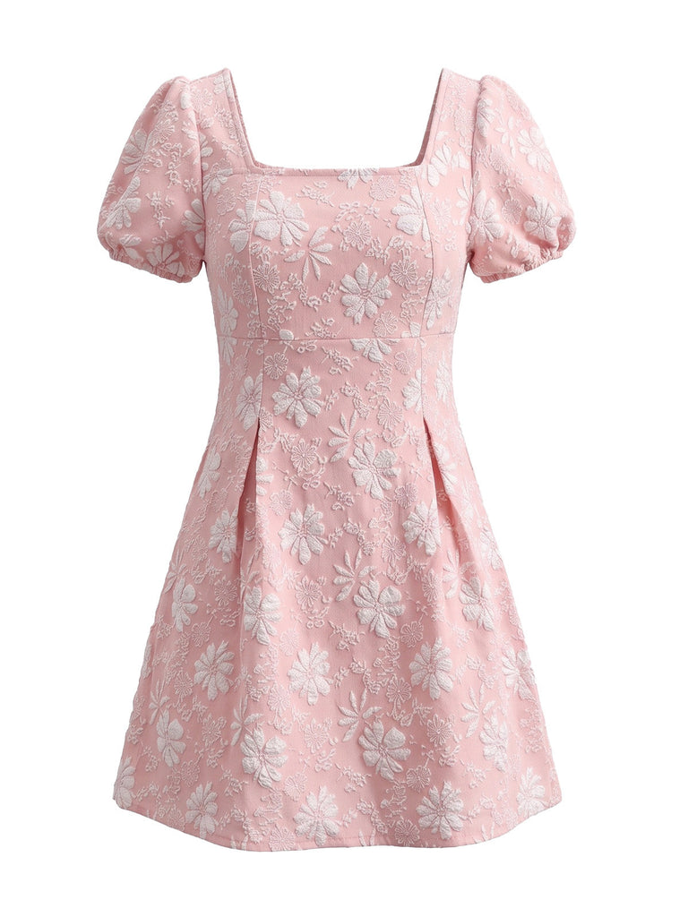 60er Blumen-Jacquardkleid mit Karreeausschnitt und Puffärmeln