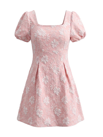 60er Blumen-Jacquardkleid mit Karreeausschnitt und Puffärmeln