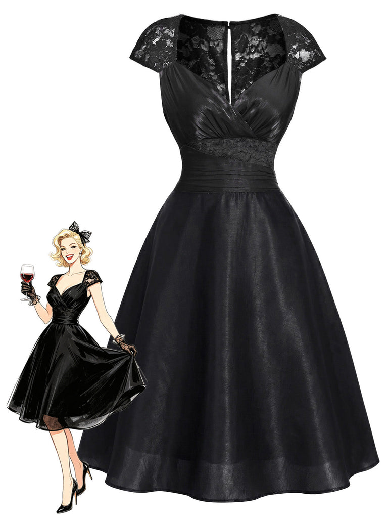 Schwarzes 50er Satin-Kleid mit Kappärmel und Spitze