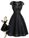 Schwarzes 50er Satin-Kleid mit Kappärmel und Spitze