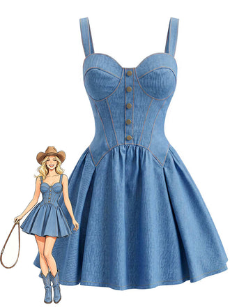 Blaues 80er Korsett-Minikleid im Denim-Look