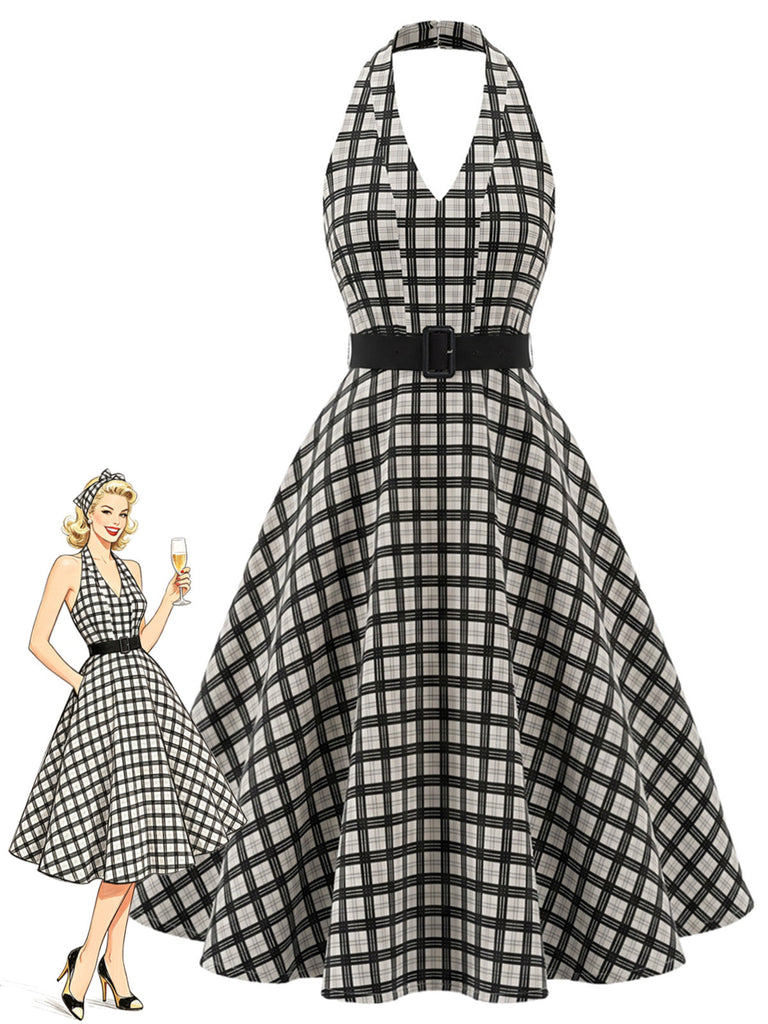 Schwarzes 50er Swingkleid mit Neckholder und Karo