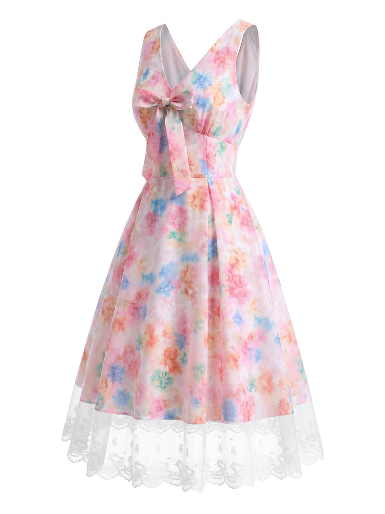 Mehrfarbiges 50er Kleid mit Blumen und Schleife