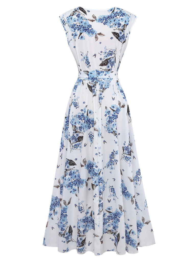 White 1950s Floral V Neck Dress 3