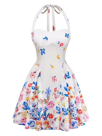 Weißes 50er Minikleid mit Neckholder und Blumen
