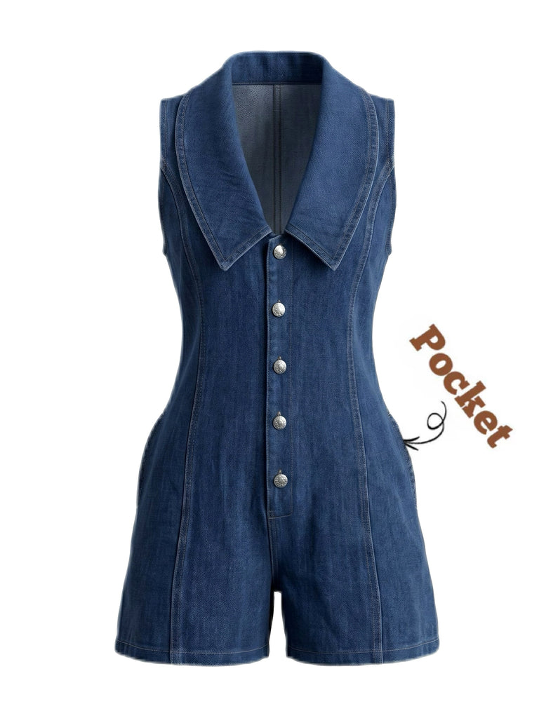 Marineblauer 70er Jeans-Romper mit Knopf