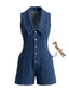 Marineblauer 70er Jeans-Romper mit Knopf