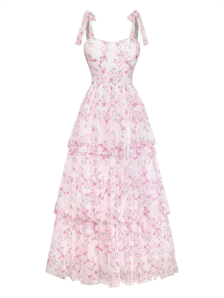 Rosa 70er Blumen-Maxikleid mit Bindeträgern und Stufenrock