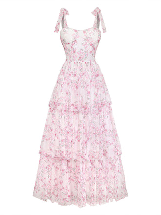 Rosa 70er Blumen-Maxikleid mit Bindeträgern und Stufenrock